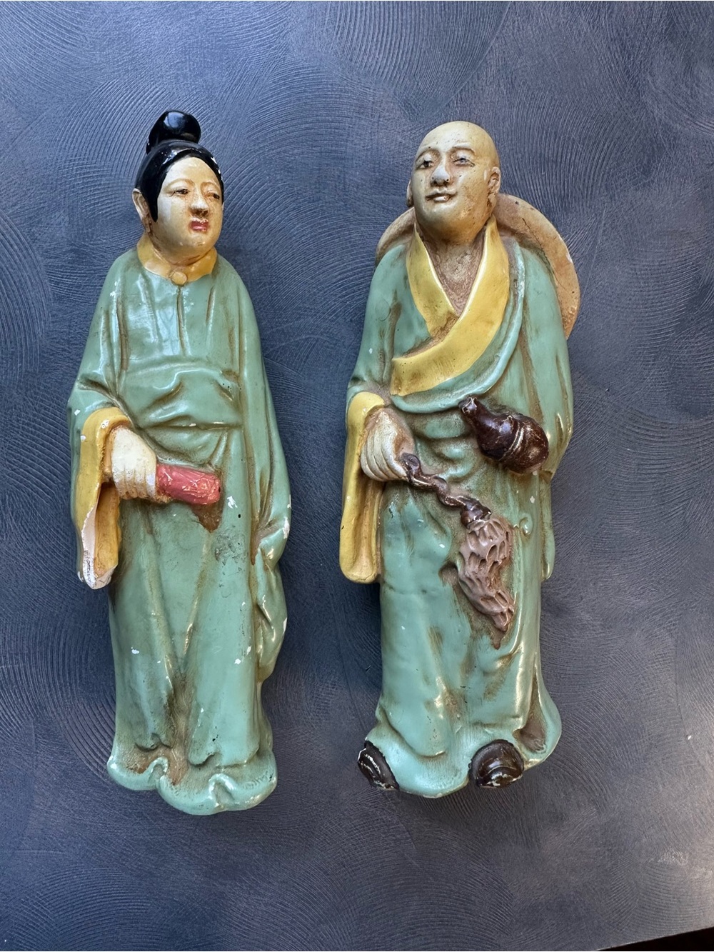 Hand-Painted Ceramic Asian Figurines in Sage Green by